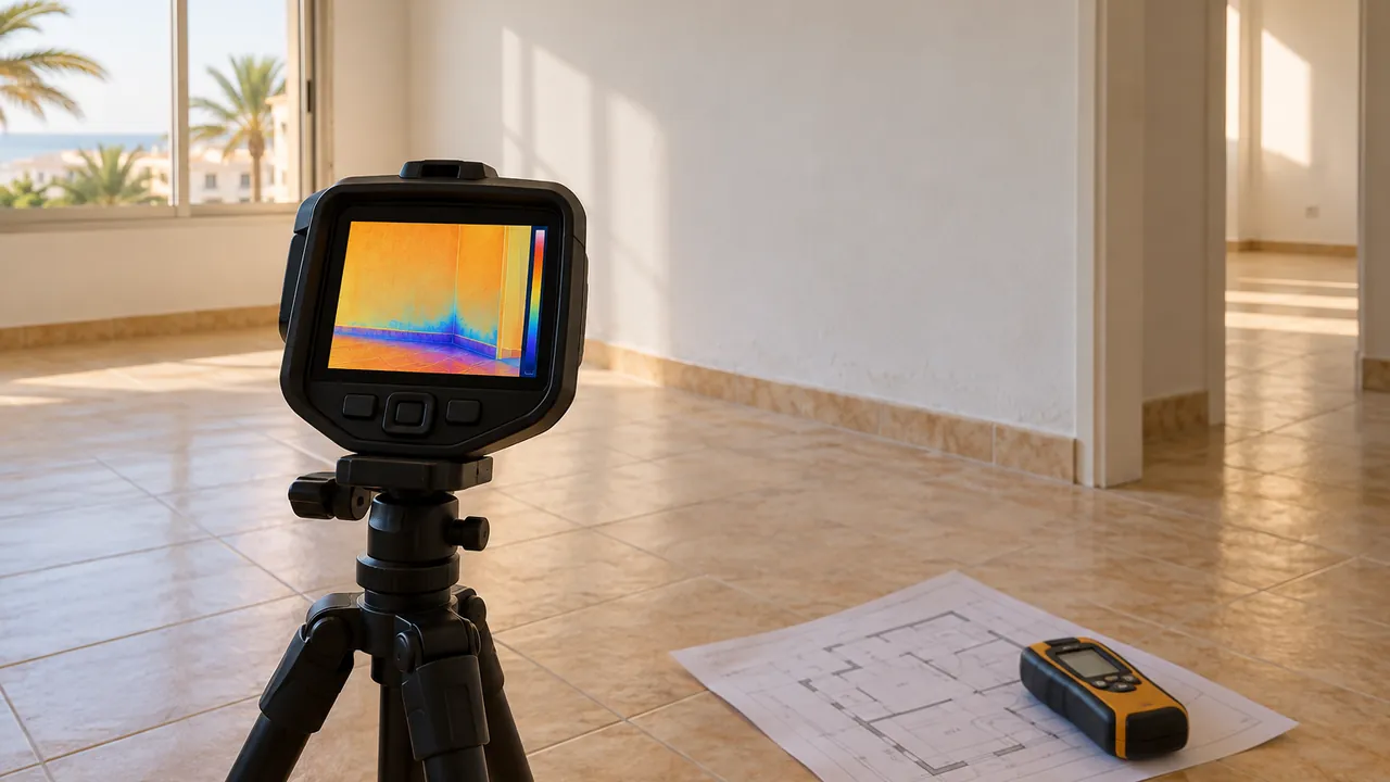 Thermal imaging camera on a tripod checking a wall for damp in an empty apartment in Gran Canaria, with a floor plan and moisture meter nearby