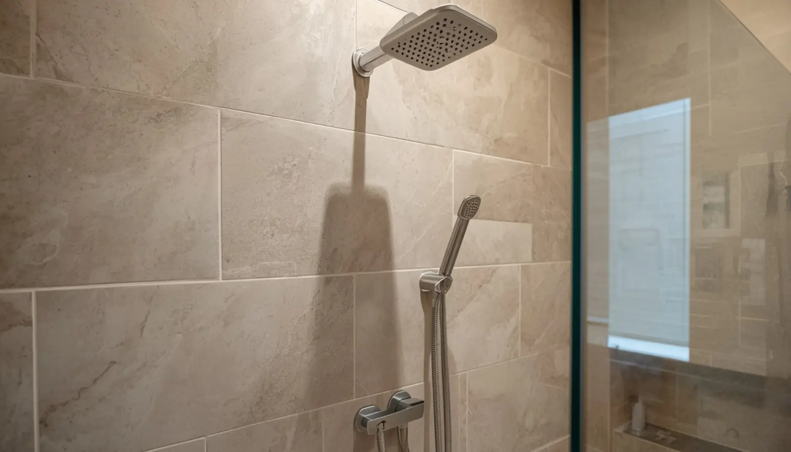 Bagno ristrutturato di qualità con piastrellatura moderna e doccia a soffione