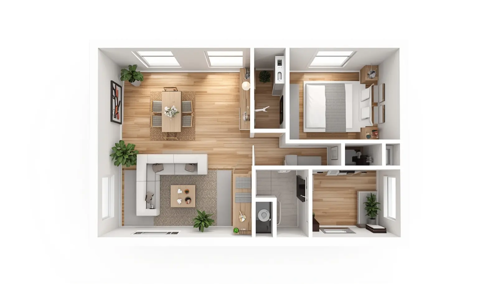 3D floor plan of a modern small apartment with open kitchen and peninsula
