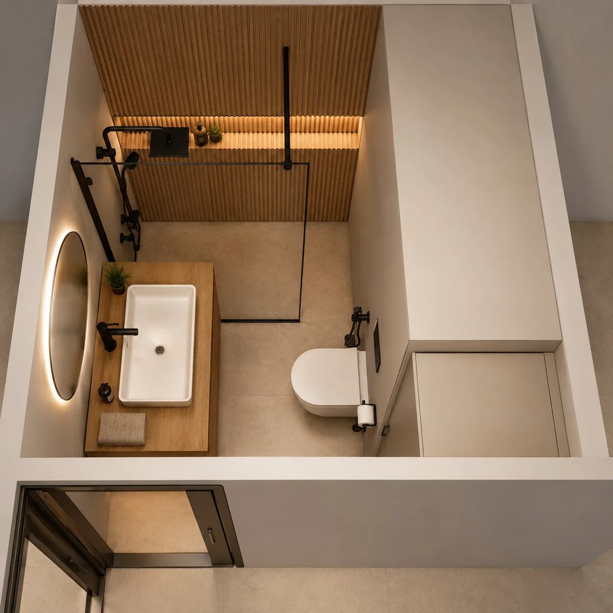Vista dall'alto in render 3D della pianta di un bagno ristrutturato in un appartamento a Playa del Inglés