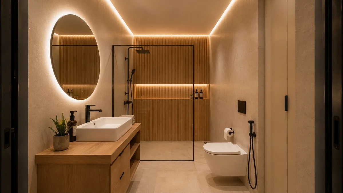 Render di una ristrutturazione di bagno moderno con doccia walk-in e parete con pannelli in legno a Playa del Inglés