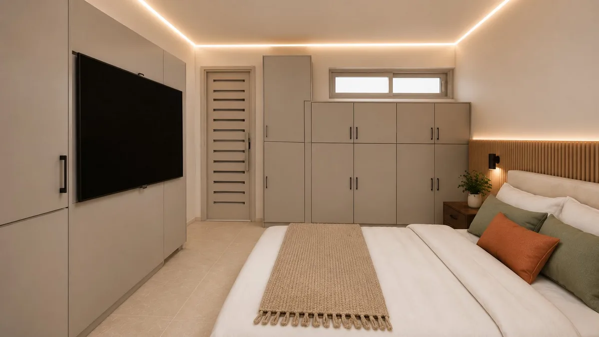 Render di una ristrutturazione di camera da letto con armadi a muro e illuminazione LED a Playa del Inglés