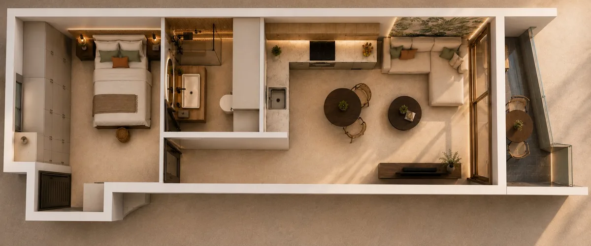Render 3D della pianta di un monolocale ristrutturato a Playa del Inglés, Gran Canaria