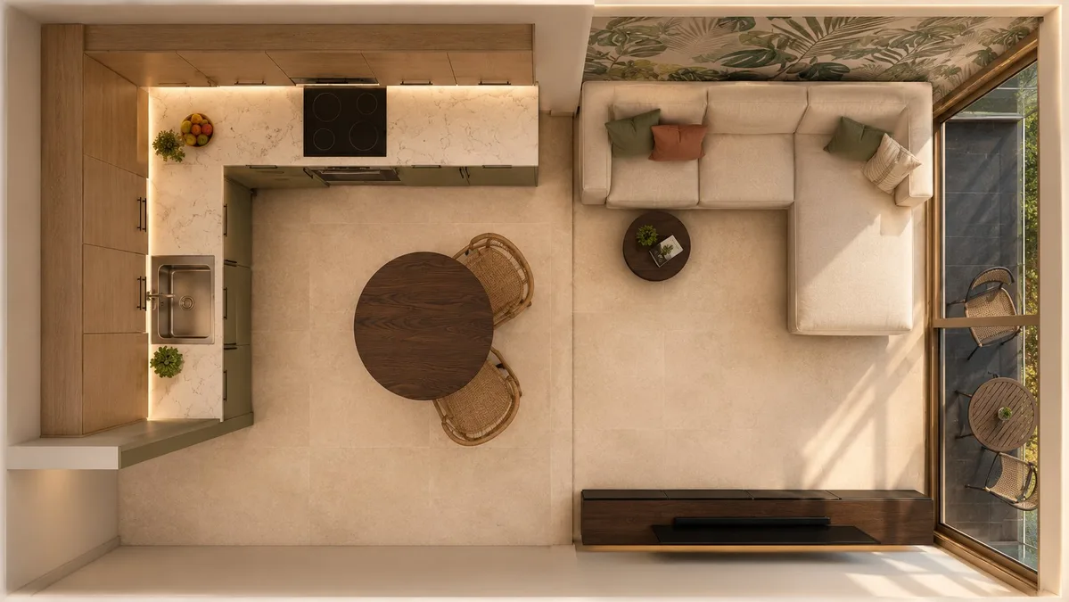 Vista dall'alto in render 3D della zona giorno open space in un appartamento ristrutturato a Playa del Inglés