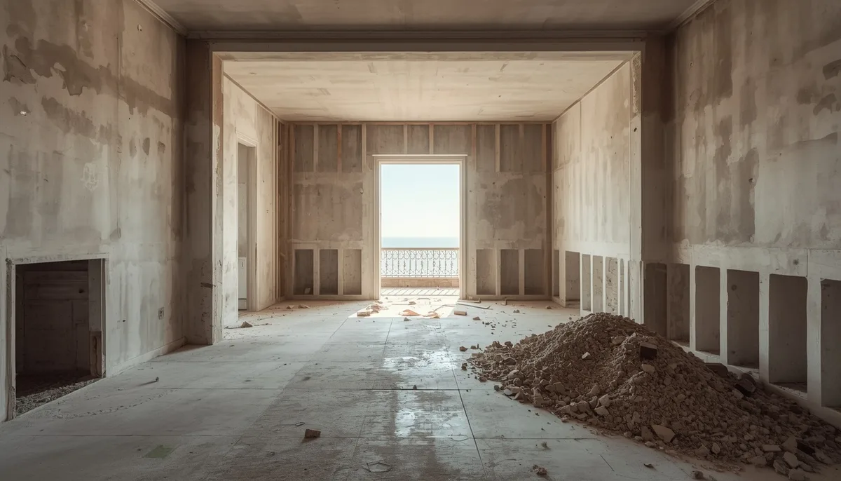 Apartamento en fase de demolición con paredes desnudas y hormigón a la vista durante una reforma en Gran Canaria