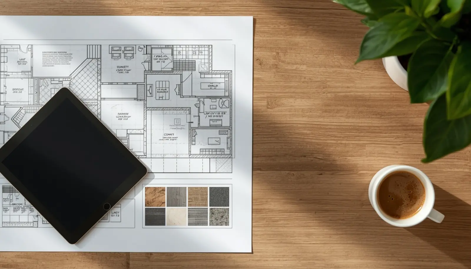 Planificación de reforma con planos, muestras de materiales y tablet sobre una mesa