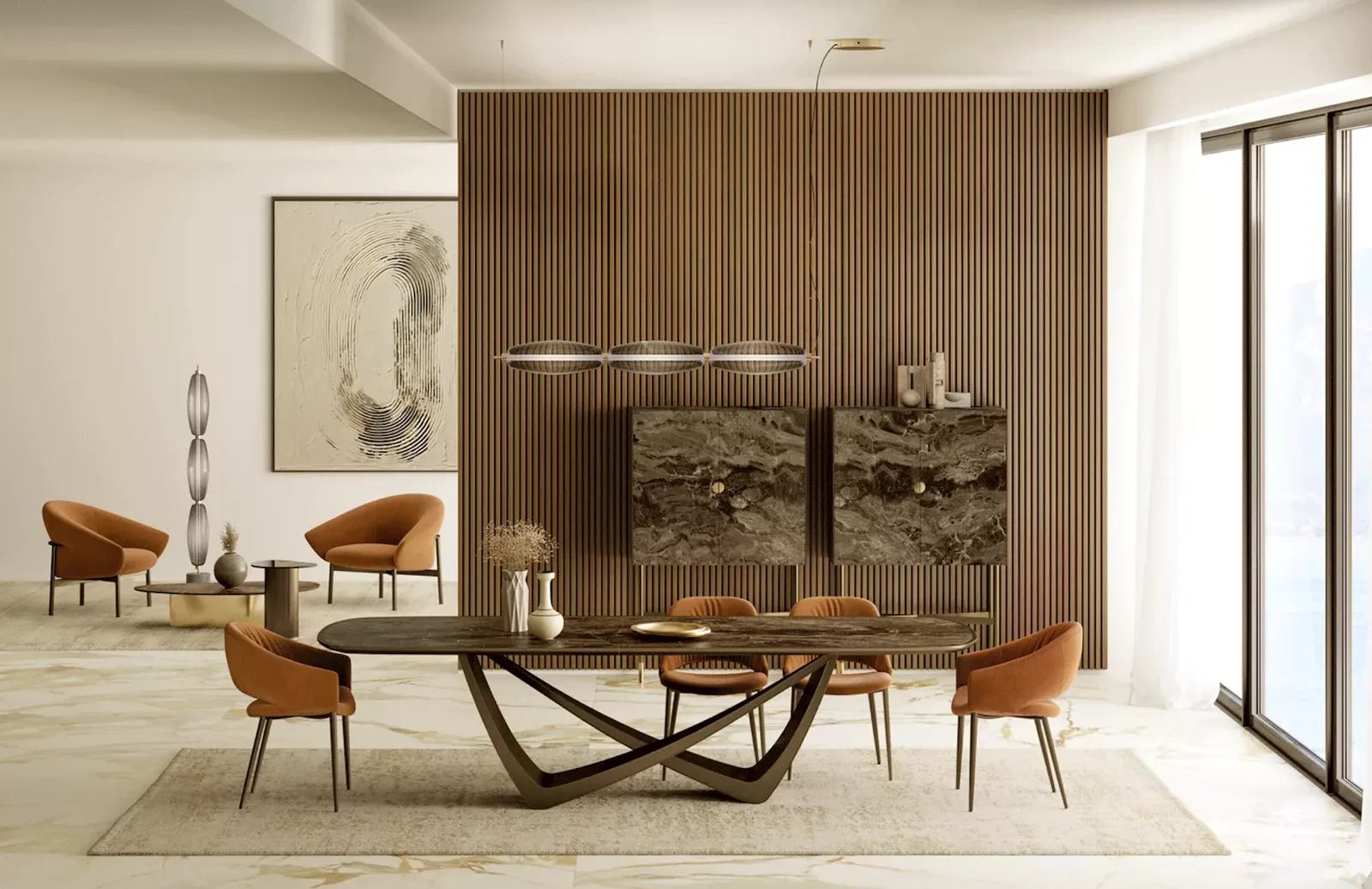 Modern living and dining area with premium finishes by NorDomus