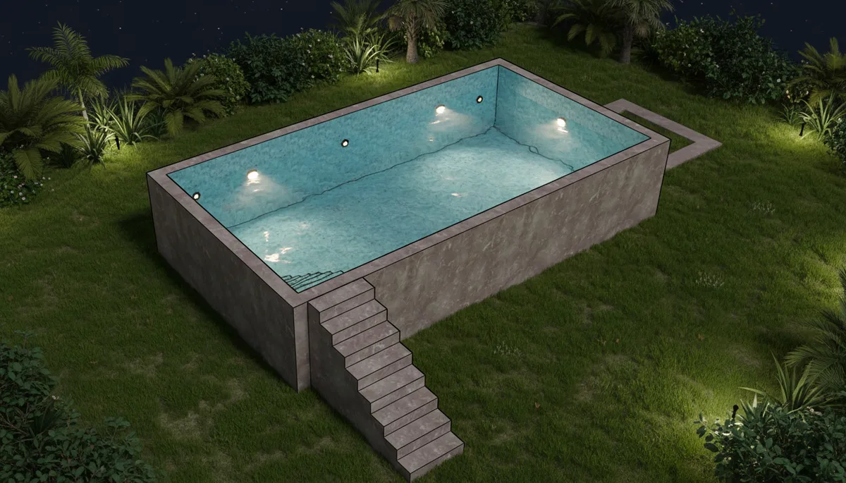3D render of an outdoor pool area at night
